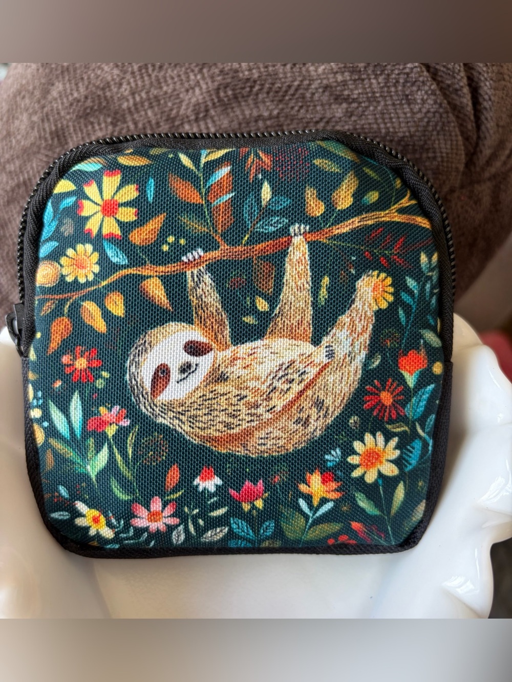 Sloth Bundle! Floral Canvas Pouch & Earring Set, New